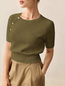 BizChic Áo len nữ cổ tròn một hàng khuy họa tiết kim cương bất đối xứng màu xám-xanh lá cây mới thu/đông 2025, thiết kế trang trí, thời trang & thanh lịch, phù hợp cho công sở, thường ngày, văn phòng, tiệc tùng, bãi biển, đám cưới, ngày l, thứ sáu đen tối - xanh quân đội - Xem 8