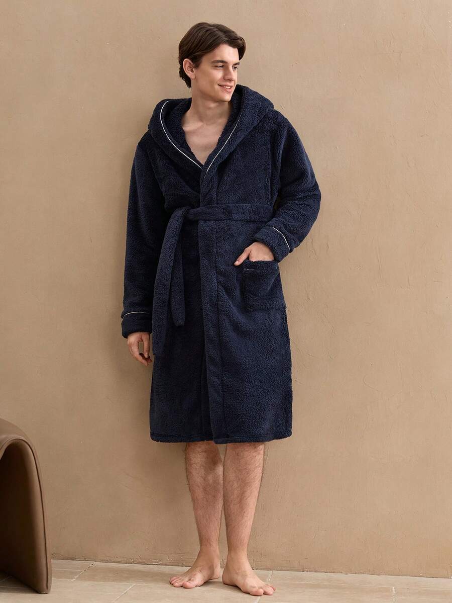 Men's Luxury Plush Lined Belted Robe, Comfortable Casual Sleepwear, Autumn/Winter, British Style, Fluffy, Cozy - Navy Blue - View 1