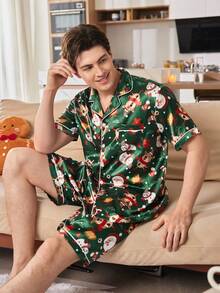 CoupledUp 2件套情侣圣诞老人印花缎面翻领睡衣套装，男士情侣配套缎面睡衣套装，短袖睡衣套装，圣诞节 - 彩色 - 查看 7