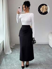 Modelyn French Elegant Oblique Shoulder Black & White Patchwork Decorative Button Women Dress - Black and White - View 1