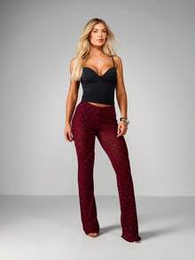 MISSGUIDED Burgundy Polka Dot Mesh High Rise Flare Pants Wide Leg Bell Bottom Fall Winter Trousers Christmas - Red - View 3