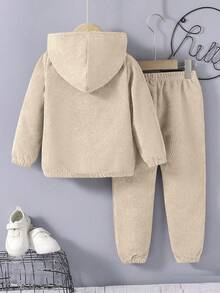 SHEIN Explorewe 2 件套年轻男孩休闲纯色连帽夹克，带口袋和保暖内衬裤子套装，宽松版型，保暖，适合秋冬 - 卡其色 - 查看 2