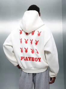 PLAYBOY X SUMWON Hoodie Crop Fit dengan Logo dan Resleting Penuh, Dilengkapi Tudung dan Tali Serut untuk Gaya Streetwear Kasual. - Putih - View 1