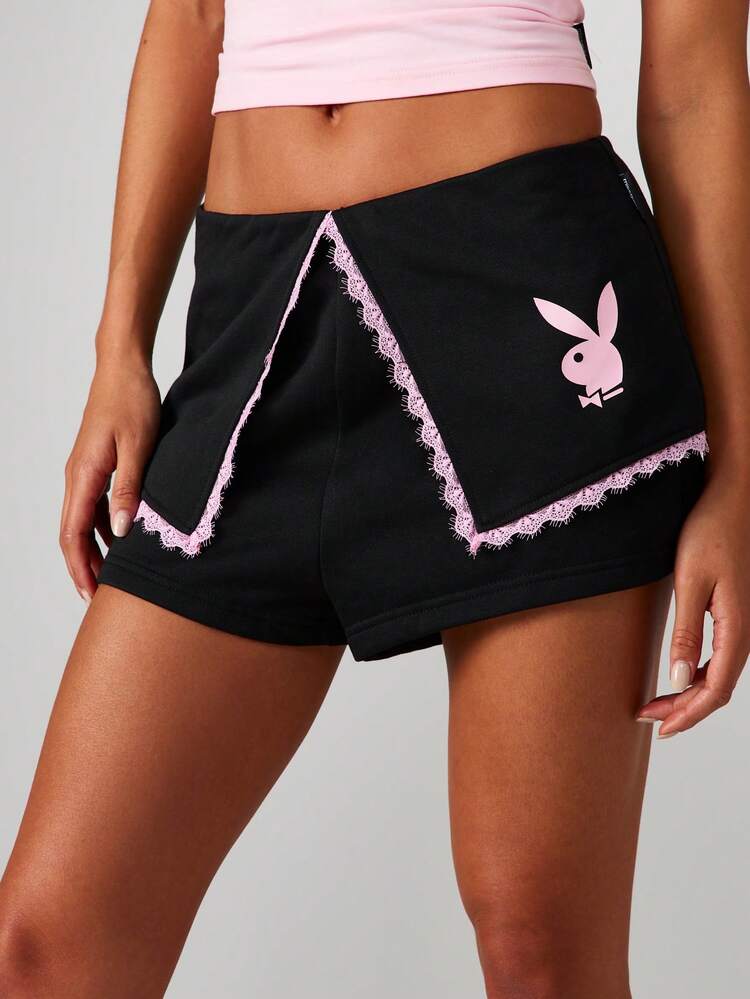 Missguided x Playboy Women's Hot Pants Lace Trim Detail Black Shorts With Bunny Logo - Casual Summer Festival Bottoms