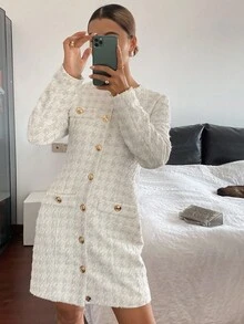 Livesso 女式秋季圆领收腰格子迷你连衣裙 - 銀色 - 查看 3