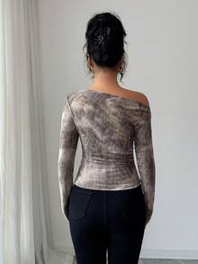 Elenzga Casual Autumn Tie Dye Textured Oblique Shoulder Ruched Long Sleeve Elegant T-Shirt - Brown - View 2