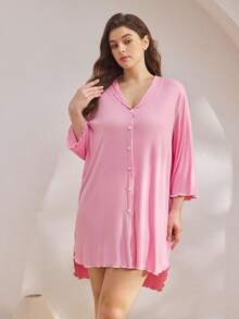 Ocili Plus Size Ribbed Comfortable Ruffle Collar Shell Button Nightgown, Fall & Winter, Cozy Outfit - Pink - View 5
