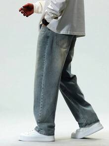 Chillumni 男士休闲做旧宽松斜口袋牛仔裤，秋季 - 中等水洗藍 - 查看 3