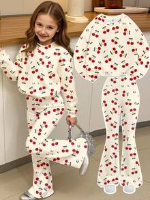 SHEIN Leap Crew Tween Girl 樱桃印花套头衫和喇叭裤套装，休闲日常通勤时尚，春秋季 - 彩色 - 查看 1