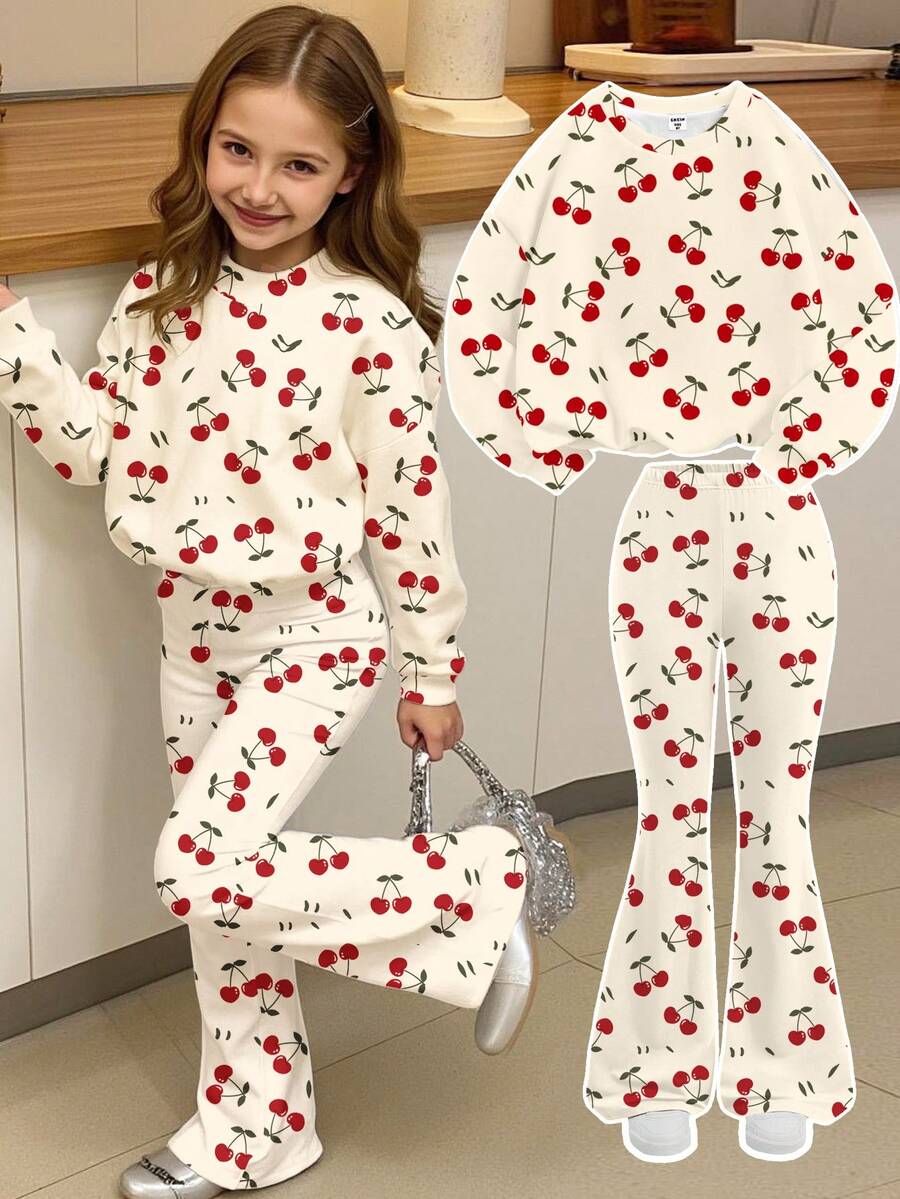 SHEIN Leap Crew Tween Girl 樱桃印花套头衫和喇叭裤套装，休闲日常通勤时尚，春秋季 - 彩色 - 查看 1