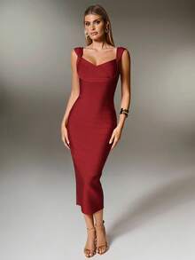 Nuvra Women's Fitted Waist Ribbed Knit Burgundy Midi Bodycon Party Dress