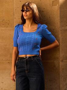 lacRébo 蓝色花卉刺绣麻花图案短袖针织上衣 春季方领上衣 蓝色露脐上衣 - 藍色 - 查看 1