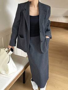 DAZY 女式简约通勤翻领喇叭袖夹克和裙子两件套，秋季 - 灰色 - 查看 5