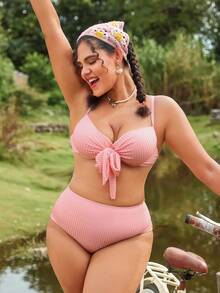 Swim Mod Plus Size Women Underwire Supportive Halter Bikini Set With Tie-Front, Solid Color Sexy Swimsuit For Pool & Beach, Summer