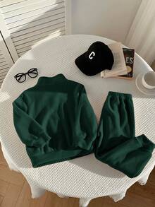 2 件套青少年男童羊毛领夹克和运动裤套装，适合通勤、上学、休闲、运动，可搭配男童外套、儿童外套、男童长袖衬衫、圣诞运动衫、圣诞裤、男童夹克、长袖衬衫 - 墨綠色 - 查看 2