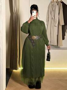 Maweii Plus Size Women Solid Stand Collar Double Slit Long Mesh Two Pieces Sweater Dress Setwinter Christmas Summer Party Elegant New Year - Green - View 3