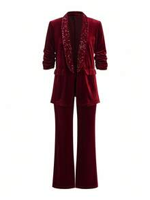 Ellevyn 女式亮片天鹅绒七分袖西装外套和直筒裤两件套，优雅适合日常穿着、派对、节日、圣诞节、秋冬 - 紅色 - 查看 9