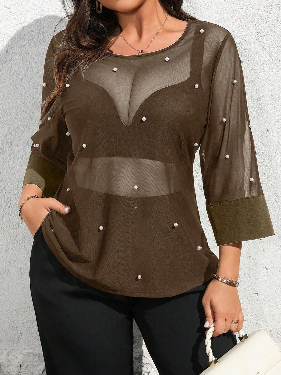 Elenzga Áo thun tay ngắn thanh lịch cổ tròn lưới mỏng cỡ lớn dành cho nữ dự tiệc, ngày lễ tình nhân, thời trang thường ngày, xuân/hè - màu nâu - Xem 1