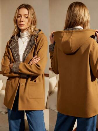 Écloséra Chaqueta regular con capucha, bolsillos y parches de estilo retro francés de moda para mujer