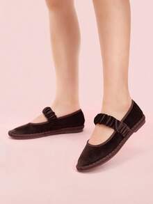 CUCCOO DOLLMOD Giày bệt Mary Jane nhung cổ điển thanh lịch màu nâu, thoải mái, co giãn, xếp ly - Màu nâu Sô-cô-la - Xem 9