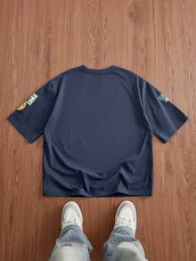 SWAVVY 男士修身短袖海军蓝T恤，全身数码印花，夏季 - 藍色 - 查看 2