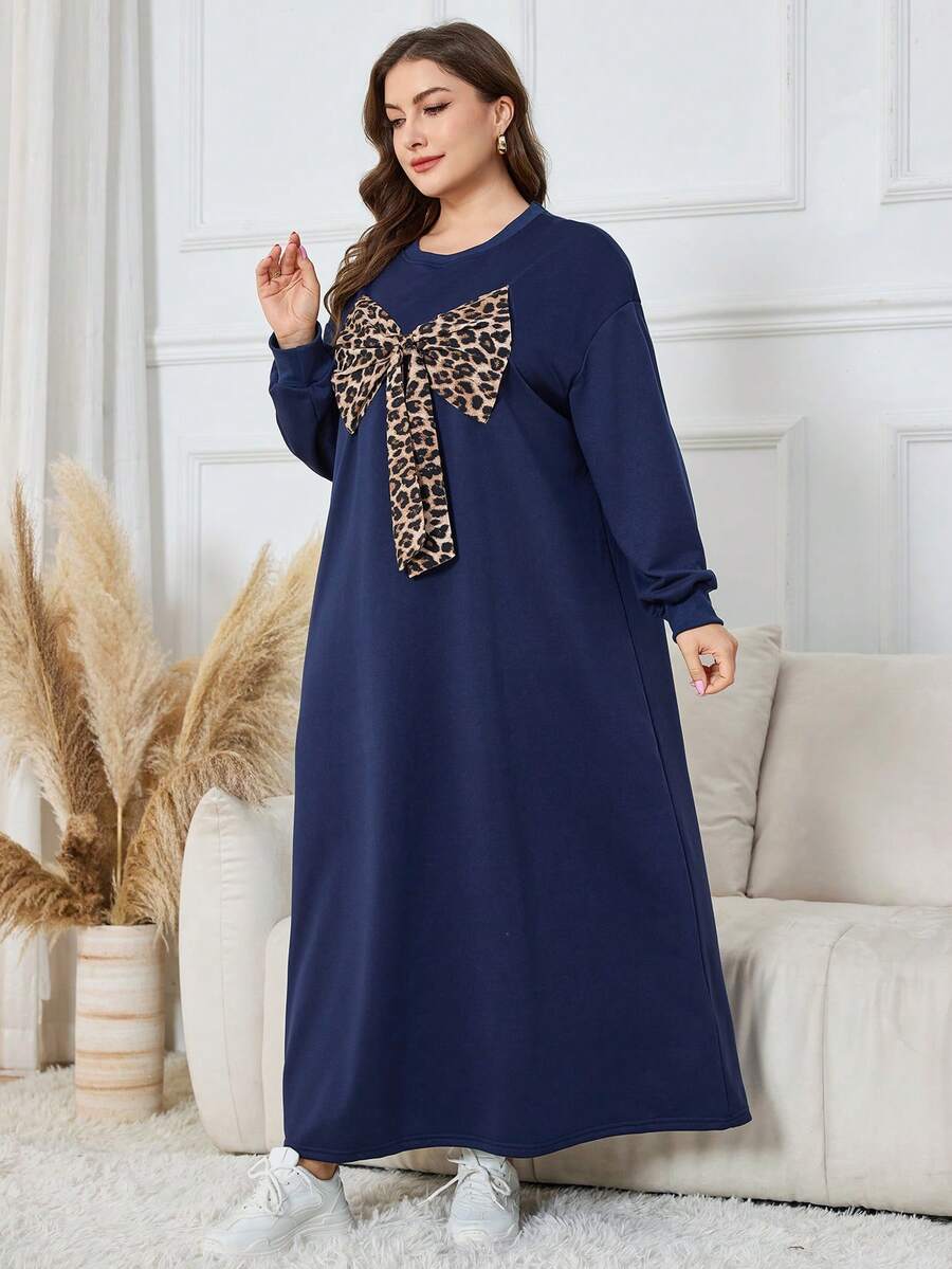 Lacomfia 休闲纯色豹纹蝴蝶结装饰圆领宽松长袖运动衫，加大码，春秋季 - 藏蓝色 - 查看 1