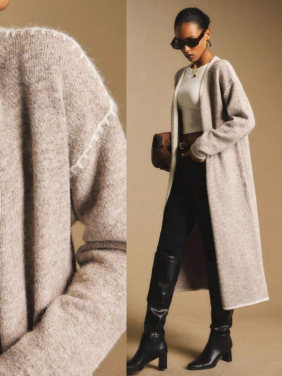 Poéselle 女士休闲落肩长袖长开衫 - 駝色 - 查看 1