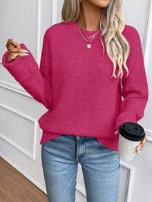 EMERY ROSE Women's Loose Fit Crew Neck Oversized Pullover Sweater With Ribbed Cuffs, Christmas - Hot Pink - View 4