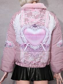 ROMWE Avant 女式复古可爱卡哇伊美学丝带蝴蝶结心形翅膀印花毛绒拼布夹棉大衣，百搭 - 淺粉色 - 查看 7