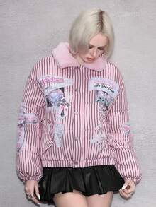 ROMWE Avant 女式复古可爱卡哇伊美学丝带蝴蝶结心形翅膀印花毛绒拼布夹棉大衣，百搭 - 淺粉色 - 查看 5