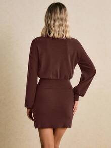 Poéselle 女式复古风格纽扣前开衫和裙子两件套，简约优雅，秋冬 - 咖啡棕 - 查看 3