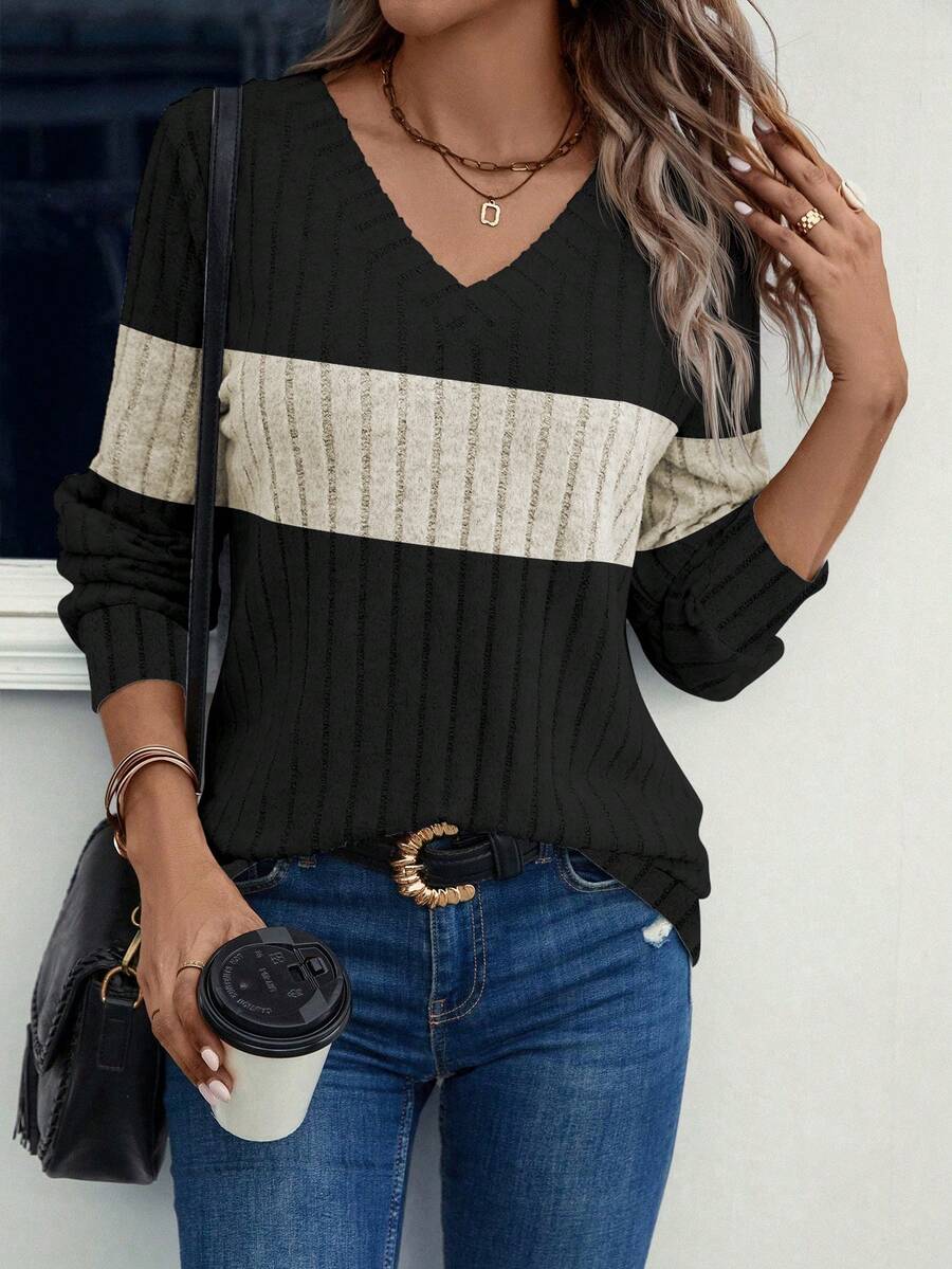 EMERY ROSE Women's Autumn/Winter New Contrast Color Patchwork Design Soft Ribbed Fabric V-Neck Long Sleeve Casual Plus Size Sweatshirt - Multicolor - View 1