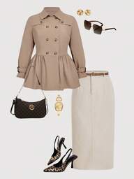 SHEIN MOD Büyük Beden Vintage Yaka Uzun Kollu Belden Bağlamalı Geniş Paça Haki Günlük Haki Nötr Kahverengi Profesyonel Trençkot, Noel