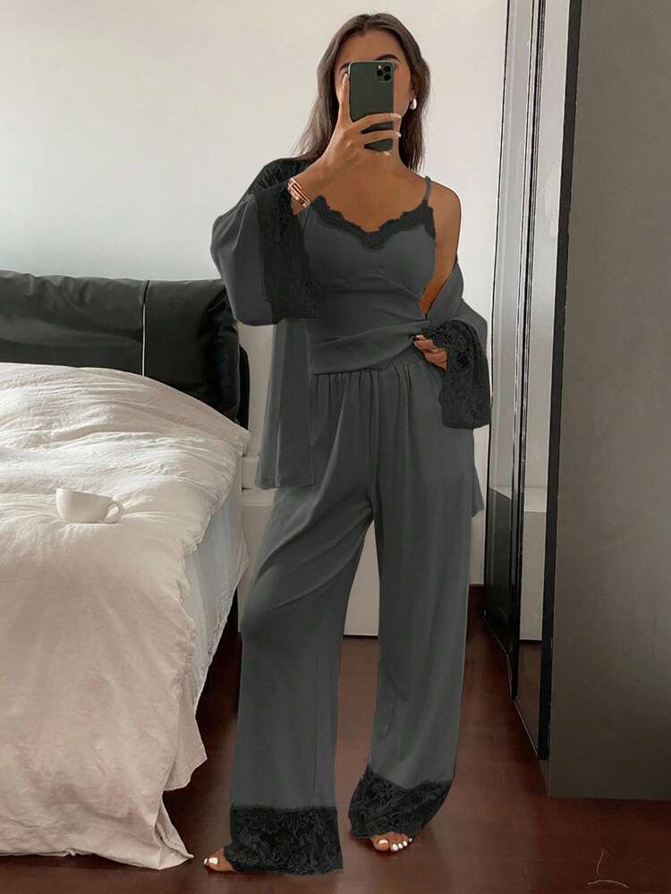 3pcs Lace Patchwork Robe, Camisole Top & Pants Women Sleepwear Pajama Set Pajama Fall Winter Clothes