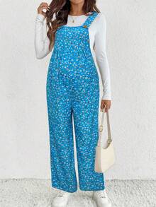 SHEIN Fall Clothes,Autumn Clothes,Materity Autumn Clothes Maternity Maternity Casual Vacation Style Ditsy Floral Slant Pocket Lightweight Bib Overall Pants - Blue - View 3