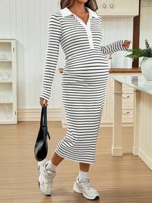 SHEIN Vestido midi casual para maternidade, estampa listrada, meio botão frontal, justo, primavera/outono