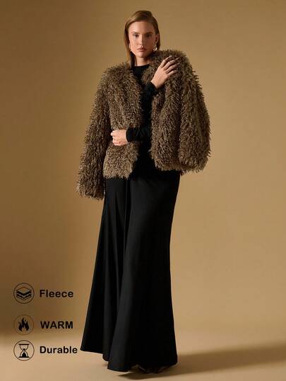 Briarwyn 女士短款圆领时尚蓬松休闲棕色冬装外套，适合冬季穿着，新年、派对、复古风格，也可作为万圣节或圣诞节服装。