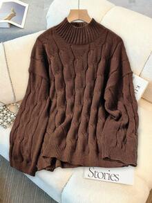 GlowEve CURVE Plus Size Women Knitted Casual Sweater Top, Flare Sleeve, Stand Collar, Drawstring, Loose Fit, Solid Color Pullover Sweater - Coffee Brown - View 1
