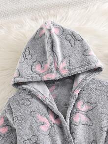 女童毛绒蝴蝶图案连帽束腰家居睡袍 - 灰色 - 查看 3
