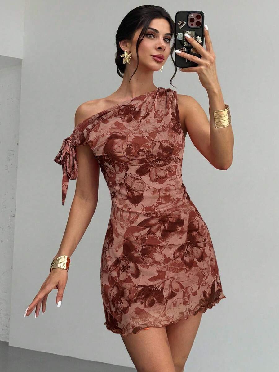 Firerie 女式夏季新款碎花不对称肩部性感优雅度假迷你连衣裙，网眼碎花连衣裙，不对称领口连衣裙，春夏服装，沙滩装，优雅，性感，度假，海滩，夏威夷，约会，派对，音乐节，毕业礼服，舞会