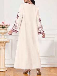 Al Najma Women's Floral & Geometric Print V-Neck Long Sleeve Elegant Arabic Style Maxi Dress, Spring/Autumn - Multicolor - View 2