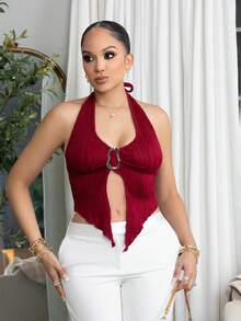 Melissa Matos Camiseta sin mangas con cuello anudado, hebilla metálica y bajo asimétrico ajustado - Burdeos - Ver 5