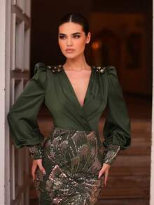 Aureia Váy dạ hội dài tay đuôi cá chắp vá sequin màu xanh quân đội sang trọng, thanh lịch, lãng mạn, trang trọng, phù hợp cho ngày lễ, tiệc sinh nhật, sự kiện đám cưới, bữa tối trang trọng - xanh quân đội - Xem 3