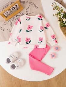 SHEIN Vintaside Kids Conjunto de 2 piezas para niñas bebé con sudadera de cuello redondo con estampado de flores y leggings acanalados, cómodo y elegante para otoño/invierno - Multicolor - Ver 2