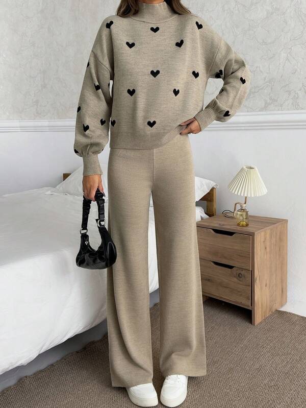 EURMUSE Women Hearth Embroidery Detailed Mock Neck Drop Shoulder Pullover & Sweater Pants Set