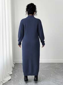 SHEIN Tall CURVE 大码休闲高领插肩袖毛衣裙 - 藍色 - 查看 2