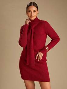 Enchnt Women's Wine Red Stand Collar Long Sleeve Knitted Mini Dress With Scarf,Elegant Chic Autumn Fall Clothes For Party,Brunch,Holiday&Office - Burgundy - View 8