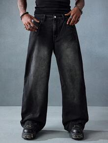 ROMWE MEN Anime Quần jean ống rộng dáng rộng thêu rồng Trung Quốc cho nam - màu đen - Xem 11