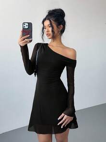 Siren Gaze 斜肩领网纱连衣裙，褶裥腰身显瘦，不对称肩部网纱A字下摆短款连衣裙，情人节优雅约会装，新年派对礼服，婚礼宾客冬季黑色连衣裙，女士优雅连衣裙，新年连衣裙，优雅派对连衣裙 - 黑色 - 查看 8