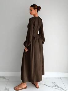 Siren Gaze Women's Solid Color Round Neck Lantern Sleeve Single-Breasted Elegant Long Dress Winter Party Brown Evening Dress Spring - Brown - View 2